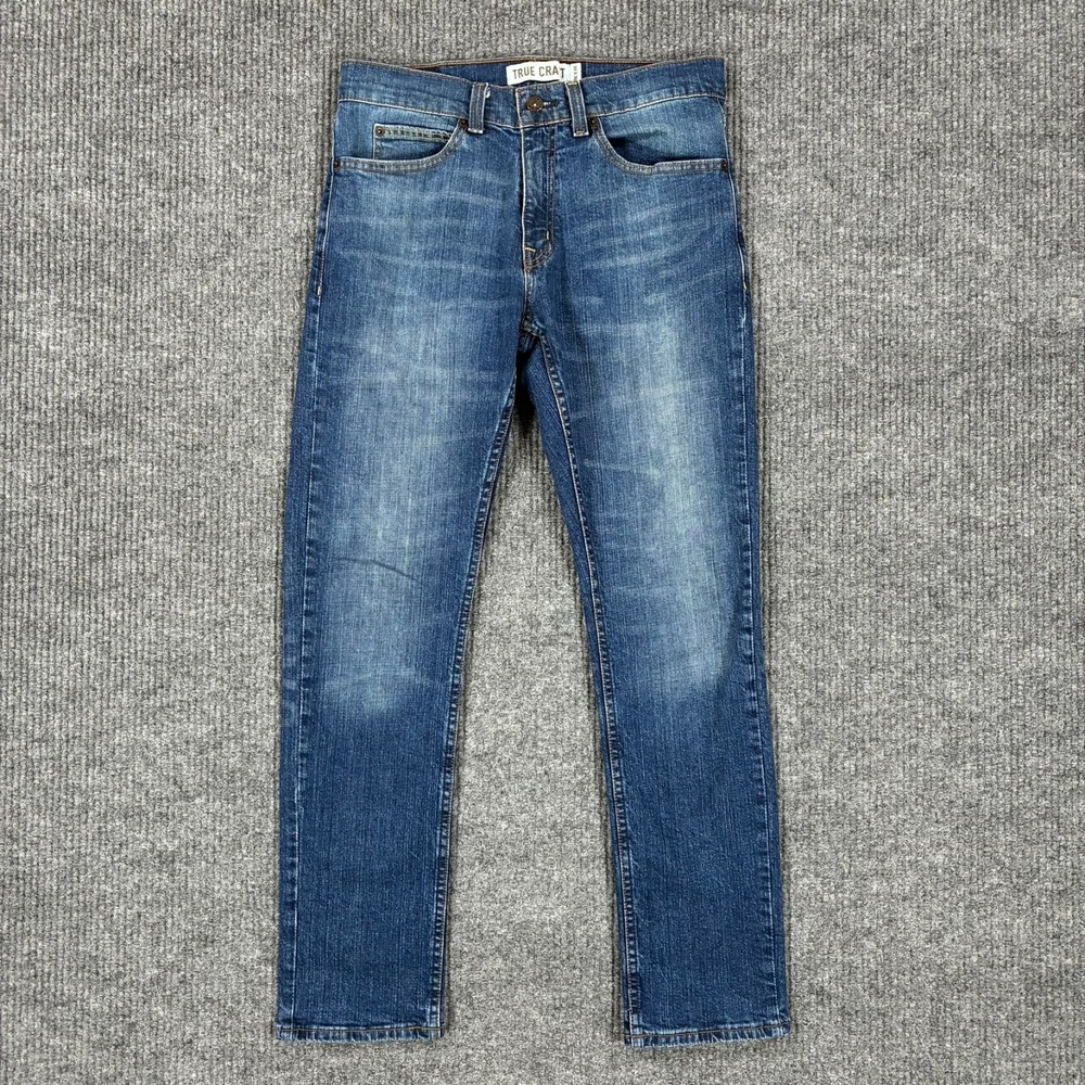True Craft Slim Jeans Mens 30x30 Blue Denim Stretch Whiskered Stone Wash Cotton